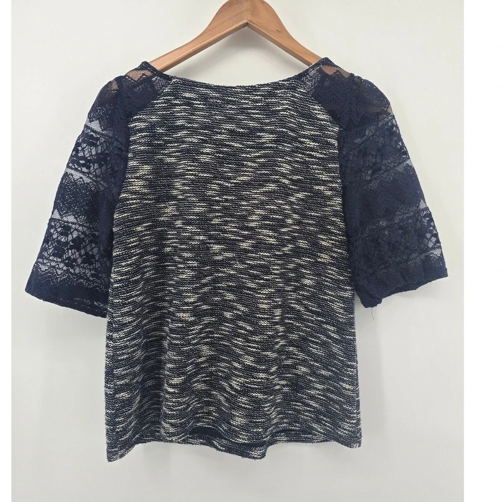 Anthropologie Postmark Knit Top Women Small Navy Blue Lace Sleeve Space Dye Boho